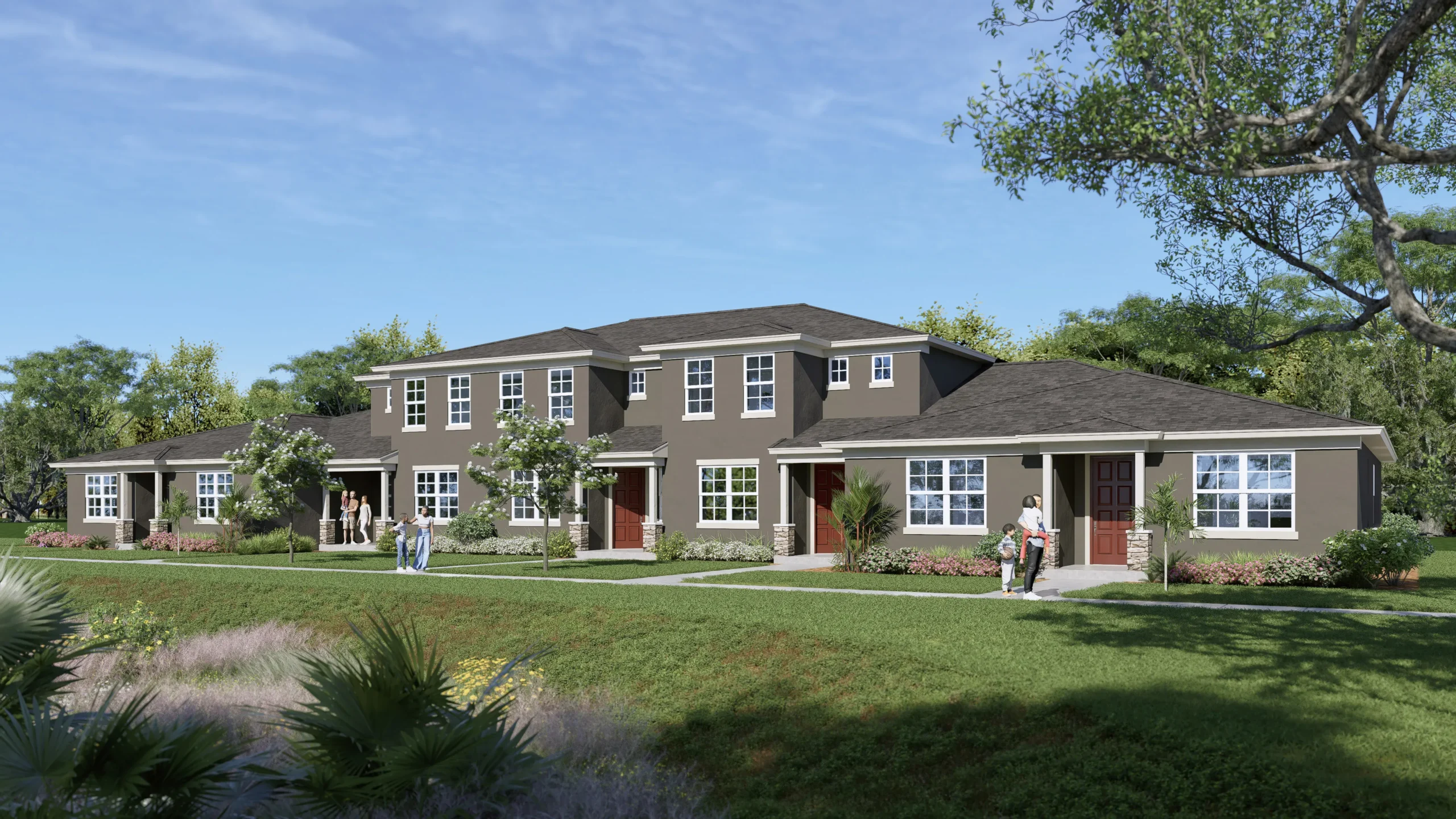 Exterior rendering of a modern five-unit townhome building surrounded by green landscaping, with people walking along the sidewalk and trees in the background under a clear blue sky.